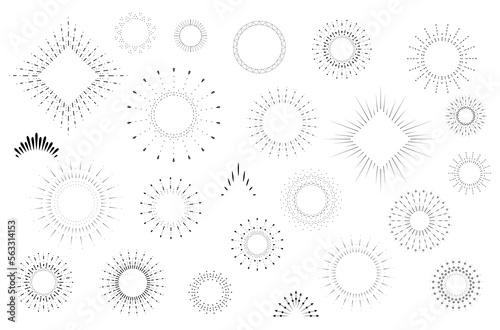 Boho set vector illustration sunburst. Vintage hand drawn sunburst rays. Design elements, explosion, fireworks template.