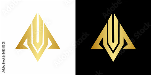 M. U mono gram logo, gold vintage vlack in white backgorund
