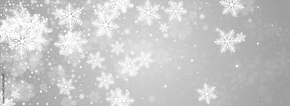 Gray Snowflake Vector Panoramic Grey Background.