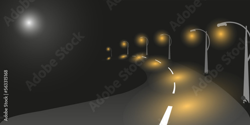 highway at night in the fog, lantern lighting goes off into the distance at night in the fog