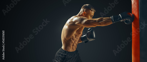 Strong muscular man punching a bag with boxing gloves. Isolated Free copy space. Sportsman kick boxer side view photo