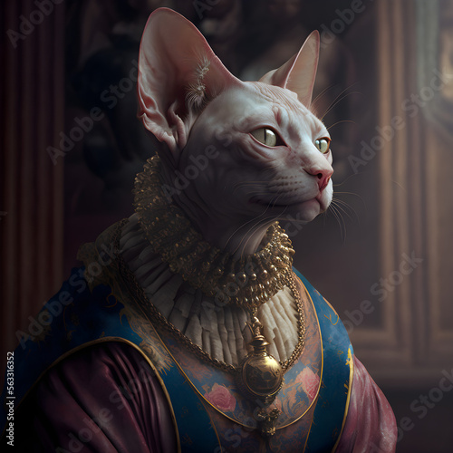 Portrait of a Renaissance Sphynx Cat Lady. AI Generative