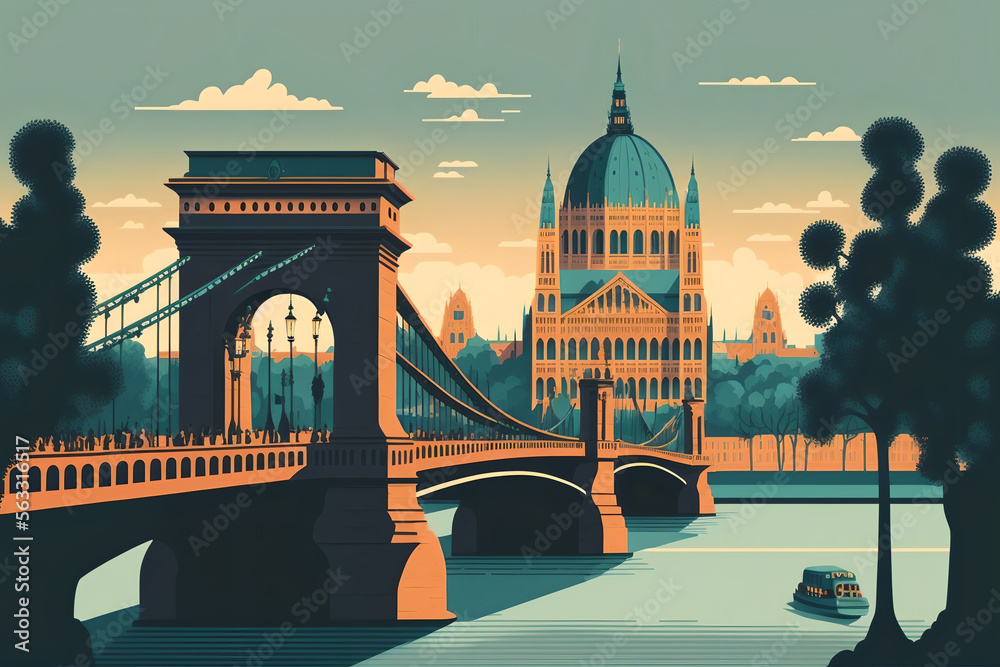 Obraz premium Illustration of Széchenyi Chain Bridge, Budapest, Hungary. Generative AI.