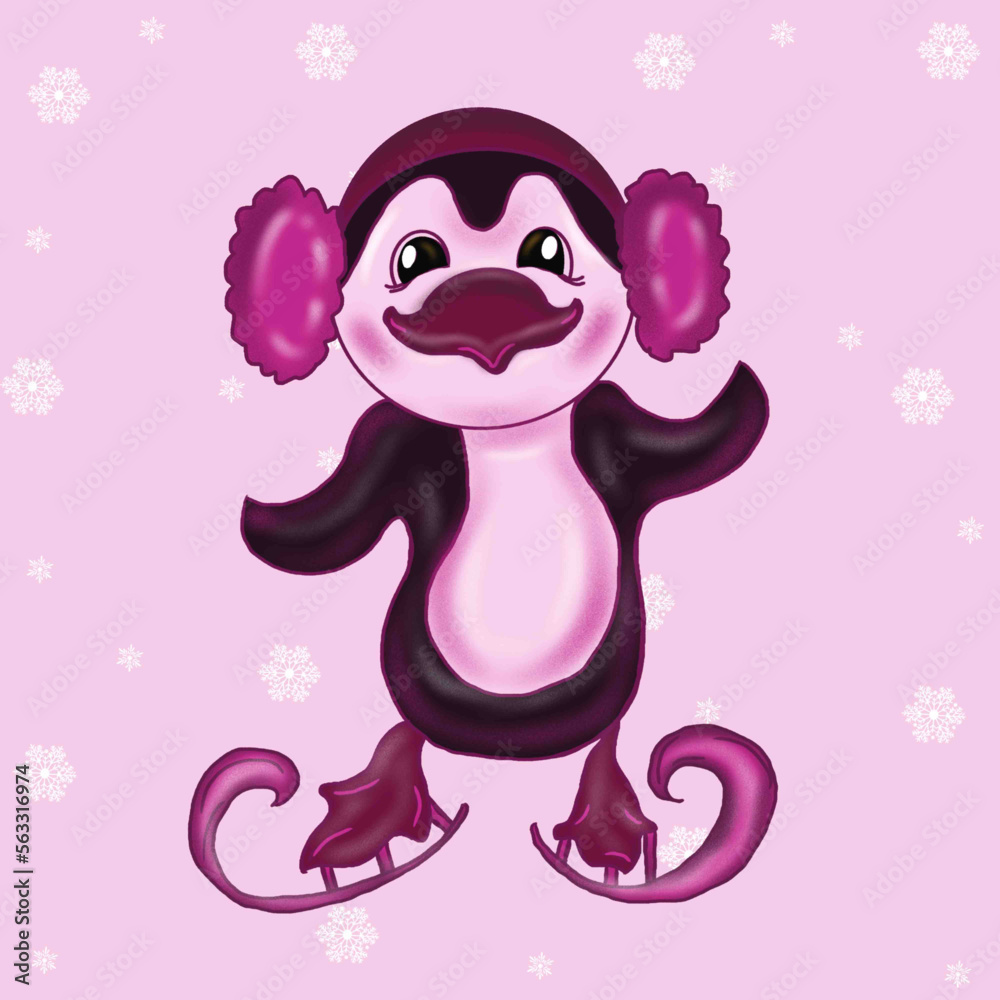 Obraz premium seamless pattern with animals penguins,penguins in fur headphones,furry fur hat with bubo,skating,snowflakes,winter,flightless seabird,black,white,pink,red,crimson