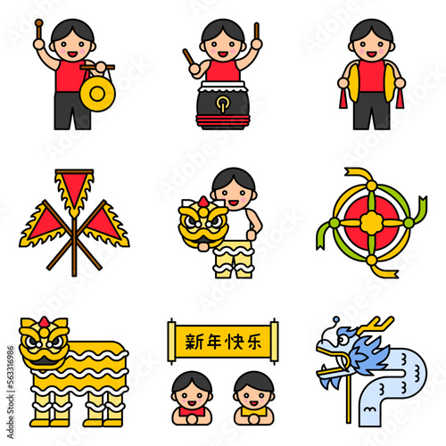 Lion dance related vector icon set photo