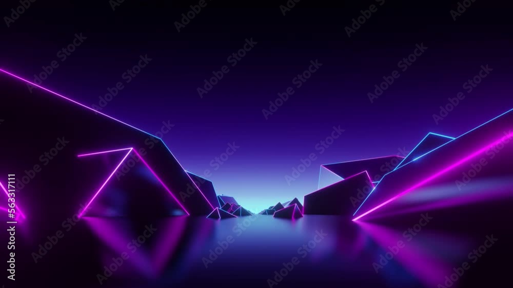 geometric box stripe neon landscape, pink blue colour, looped, cube geometric like a mountain, looped, camera fly through animate, 4k resolution.