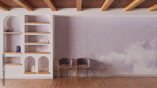 Waiting room interior design in white and violet tones with copy-space. Wooden ceiling, parquet floor and wallpaper. Shelves and rattan chairs photo