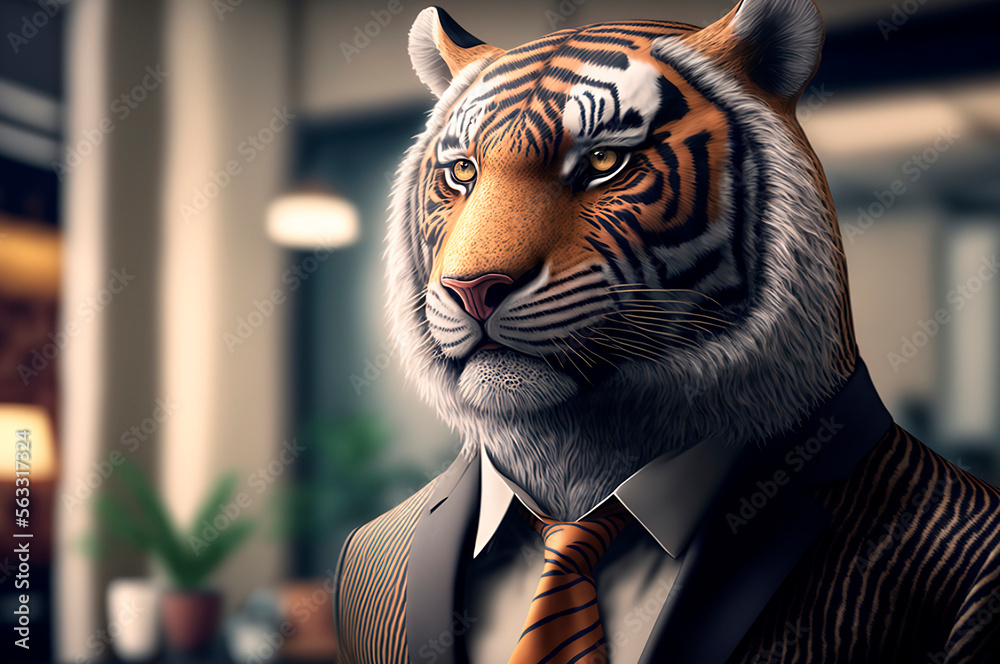 tiger in business suit in office close up tiger in business suit in office close up