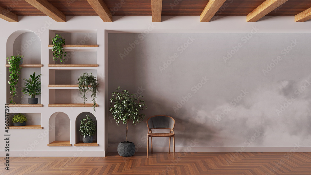 Waiting room interior design in white and gray tones with copy-space. Wooden ceiling, parquet floor and wallpaper. Shelves with potted plants and rattan chair Waiting room interior design in white and gray tones with copy-space. Wooden ceiling, parquet floor and wallpaper. Shelves with potted plants and rattan chair