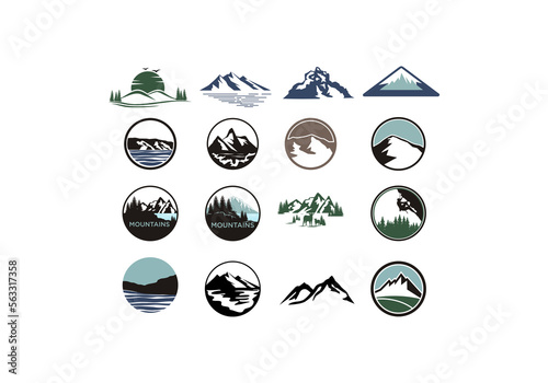 Mountain logo flat vector illustration set. logo stamp collection of rocky mountain top peaks, camping outdoor adventure