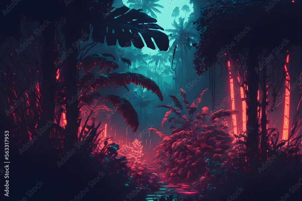 Obraz premium A neon-lit tropical jungle, generative ai