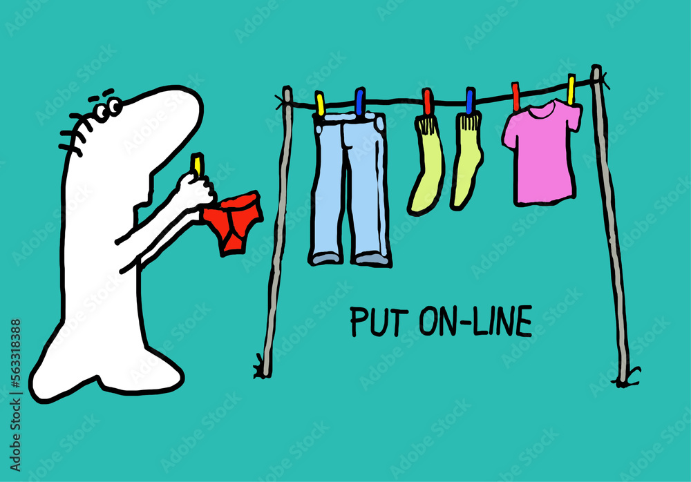 Put online humorous cartoon - man putting washing on a clothes line