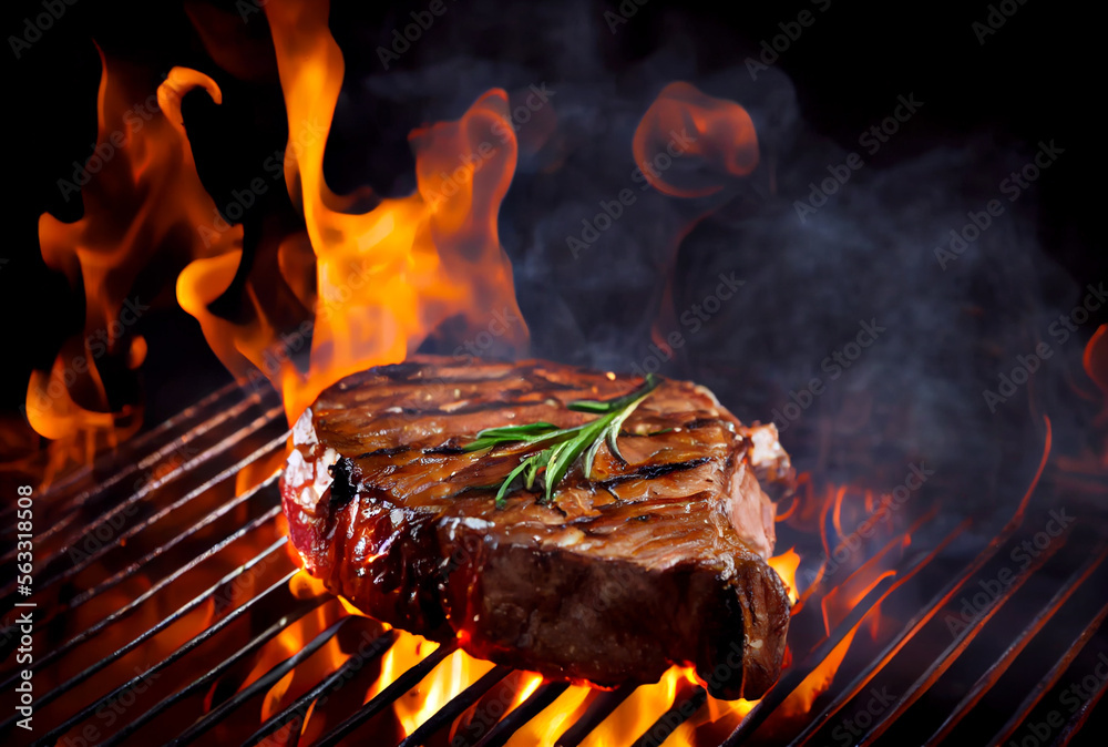 T-Bone steak or Porterhouse on grill with blazing fire flame. Food and ...
