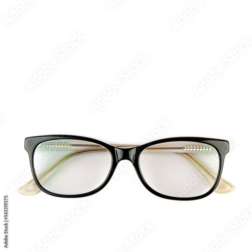 Elegant black framed glasses isolated on white background. Free space for text.