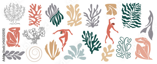 Fotografering Set of abstract organic shapes, exotic jungle leaves, female nude silhouettes, algae in trendy Matisse inspired style
