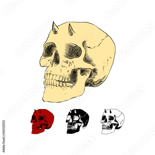 hand drawn skull with devil horns. devil head silhouette vectors