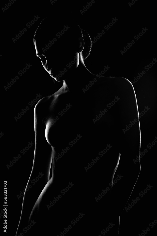 Female Nude silhouette. Naked Woman. Sensual Girl in dark