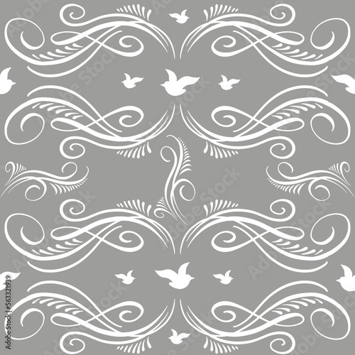 Seamless pattern with swill ornaments and birds, vector hand drawn art 
