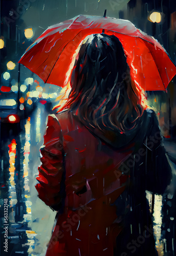 A woman in a red coat holding a red umbrella. Her back is turned from the viewer as she walks along a street at night in the rain. Generative AI.