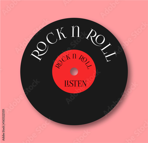 The vinyl record is black with a red center. The inscription is rock and Roll. To listen.Retro flat illustration