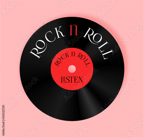 The vinyl record is black with a red center. The inscription is rock and Roll. To listen.Retro flat illustration