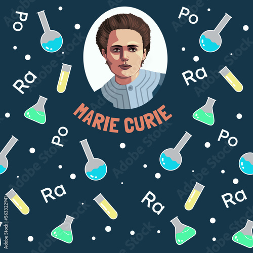 Marie Curie portrait and laboratory equipment, seamless pattern with hand drawn vector illustrations