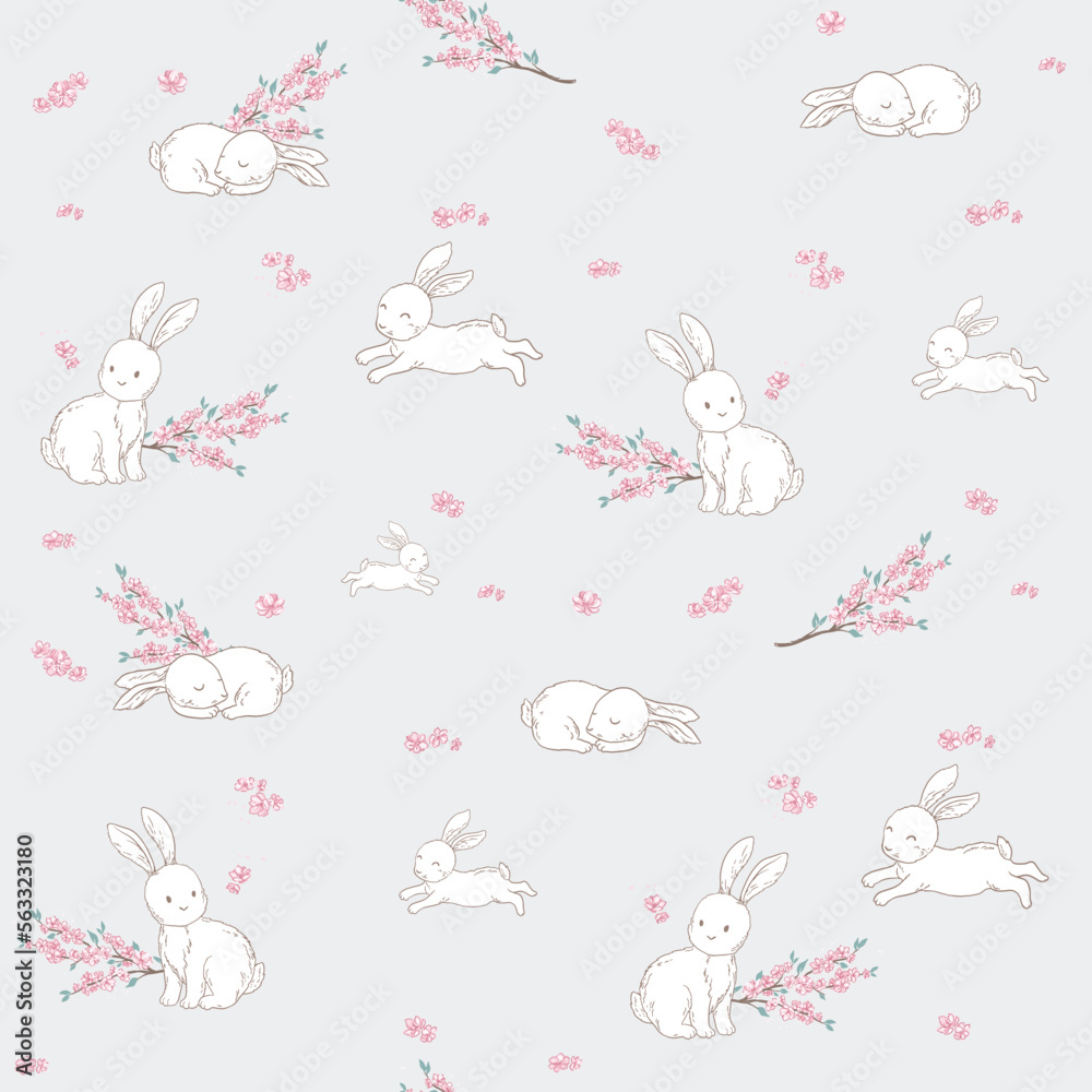 Bunny and Sakura blossom, seamless pattern with vector hand drawn illustrationS
