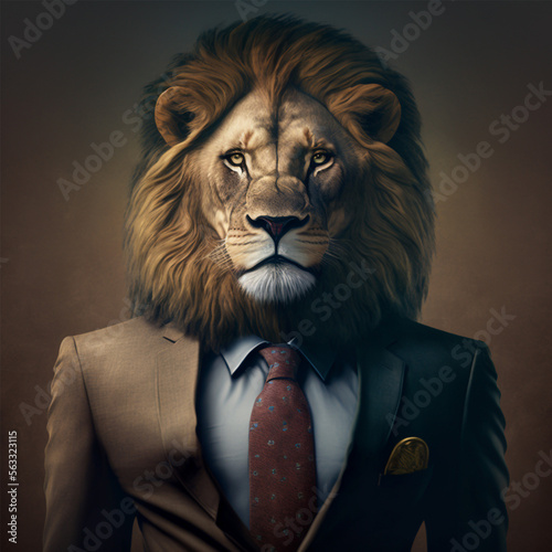 Lion in a suit and tie with a lion on a dark background. Created by AI