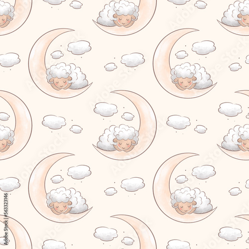 Sheep sleeping on the moon, seamless pattern with hand drawn illustrations
