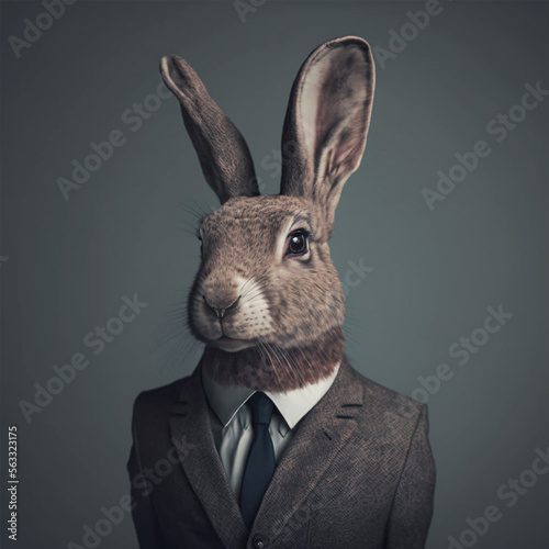 Rabbit in suit and tie on grey background. Toned image. Created by AI © Dzen