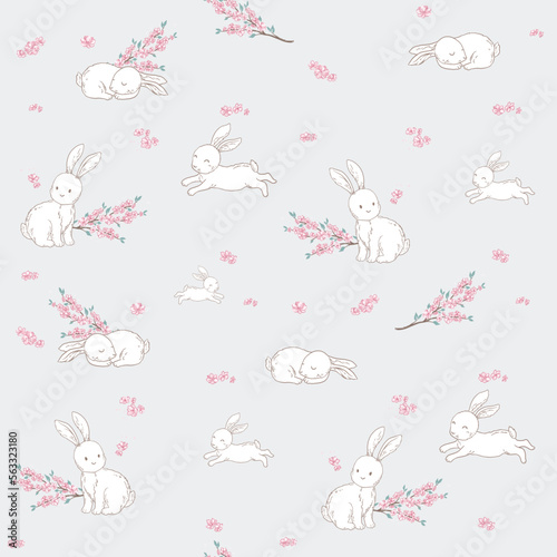 Bunny and Sakura blossom  seamless pattern with vector hand drawn illustrationS 