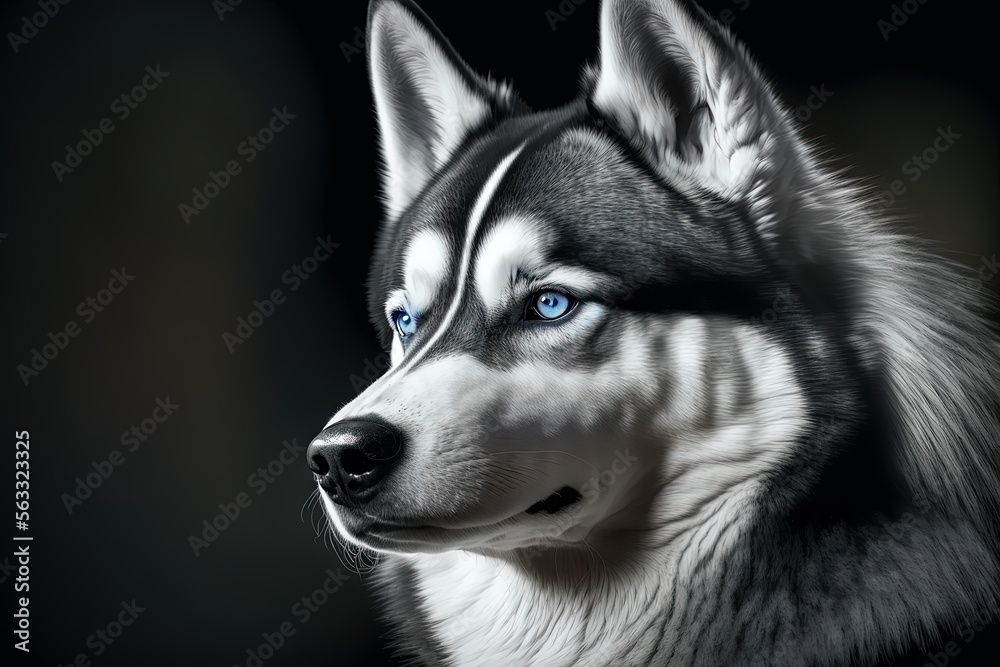 Portrait of a beautiful black Siberian Husky with blue eyes isolated on a black background created with Generative AI Technology