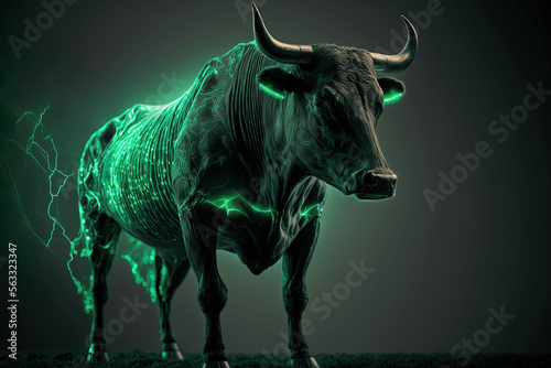 Green Crypto bull isolated on a black background created with Generative AI Technology 