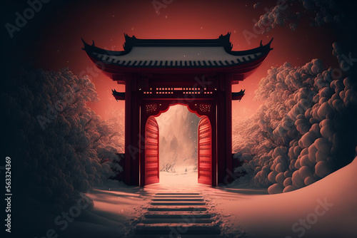 Concept of a Fresh Start and Welcome with Snowy Red Gate and Inside Light: Generative AI