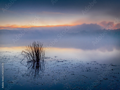 Wonderful views of a foggy morning on the river in autumn