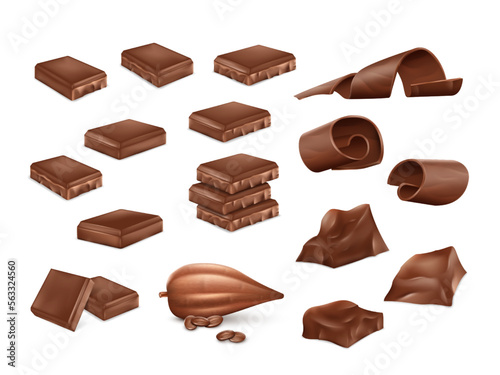 3d dark chocolate bar set, cocoa bean isolated elements. Chunk milk piece with fruit flavor, square black or brown candy. Confectionery dessert. Gourmet cubes. Vector realistic illustration