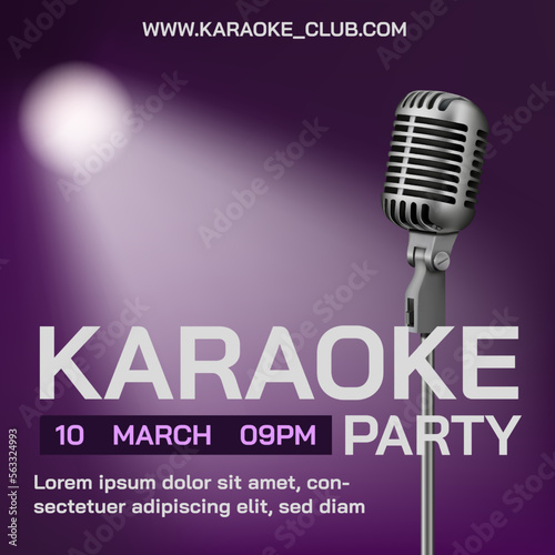 Karaoke party poster. Sing in microphone. Retro mic and spotlight. Singer performance. Music song. Live pop or rock event. Jazz band concert invitation. Vector illustration flyer design