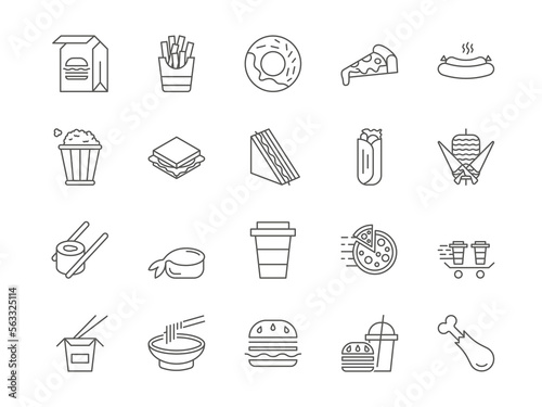 Fast food icon. Takeaway meal. Snack pictograms. Shawarma and sandwich. Delivery of wrap unhealthy burger or popcorn. Asian sushi. Chicken and donut. Coffee cup. Vector line signs set