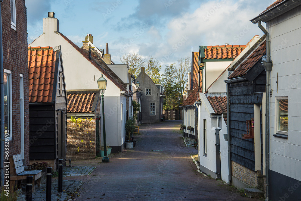 typical street with tiny houses in the small Dutch town of Goedereede