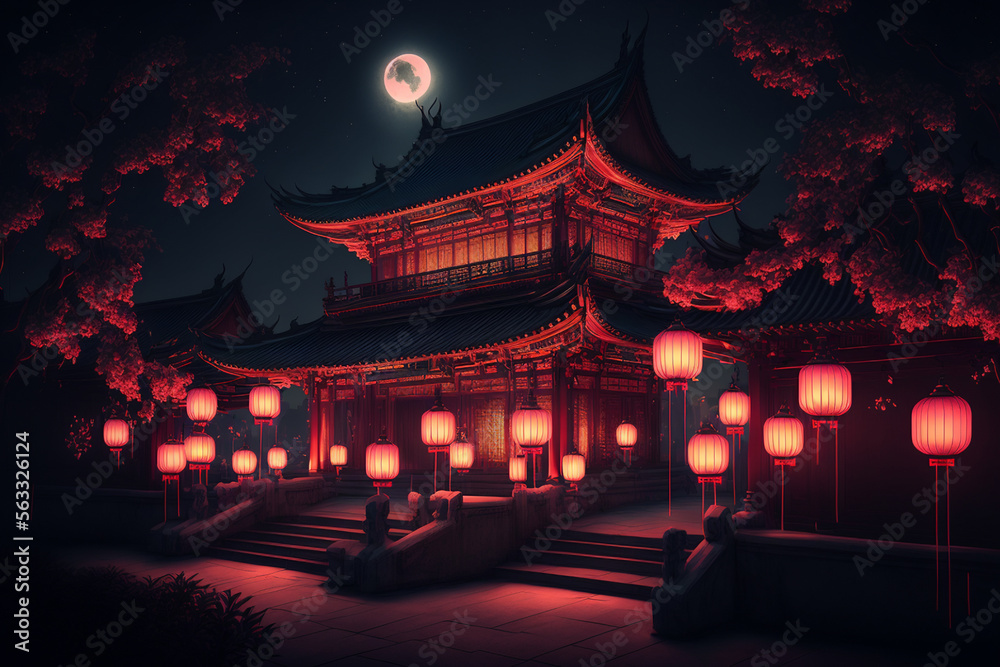 Illuminated Chinese Buddhist Temple for the Mid-Autumn Festival and Chinese New Year: Generative AI