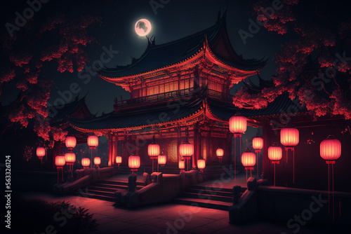 Illuminated Chinese Buddhist Temple for the Mid-Autumn Festival and Chinese New Year: Generative AI