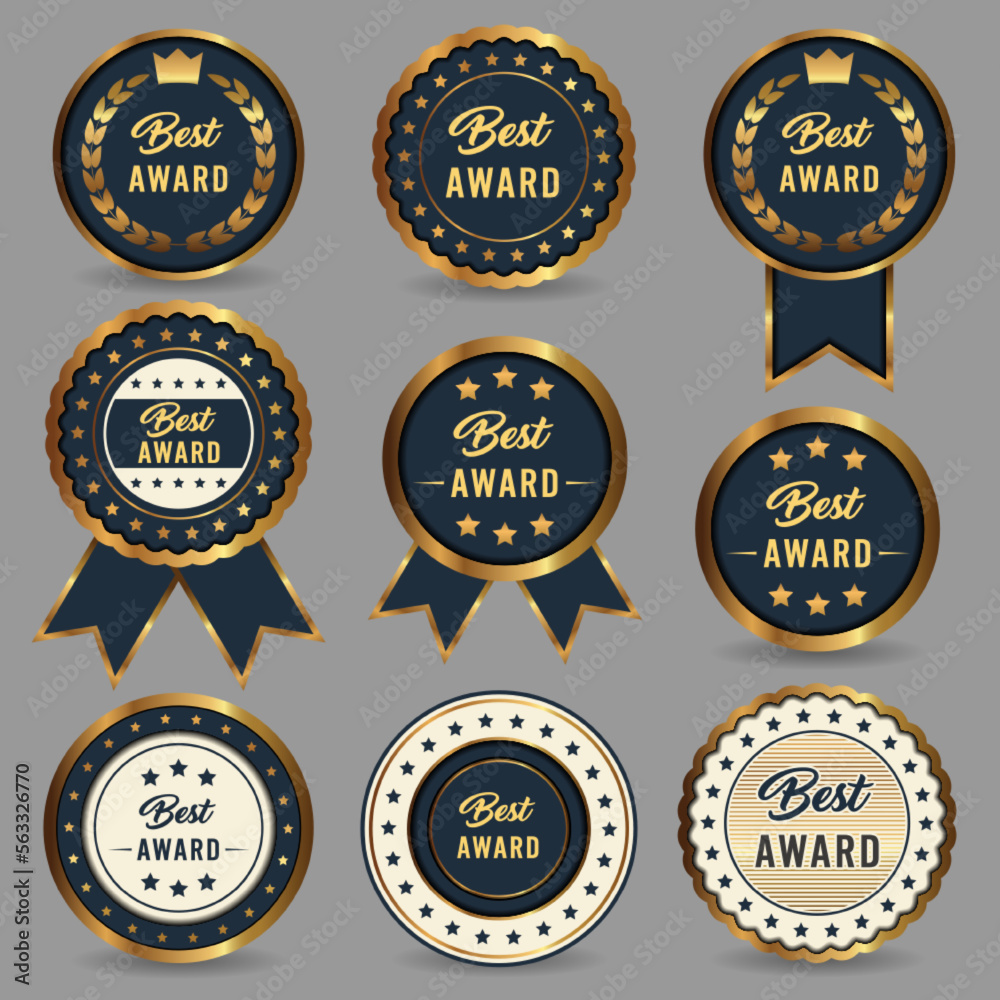 Premium best award label with ribbon. Gold laureate award, badge, medal.