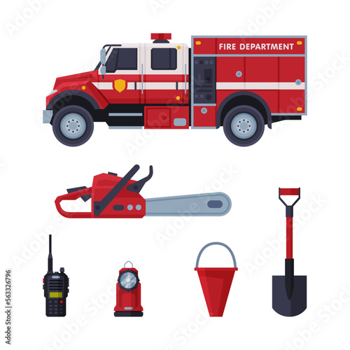 Firefighting Equipment and Emergency Service Tools Vector Set