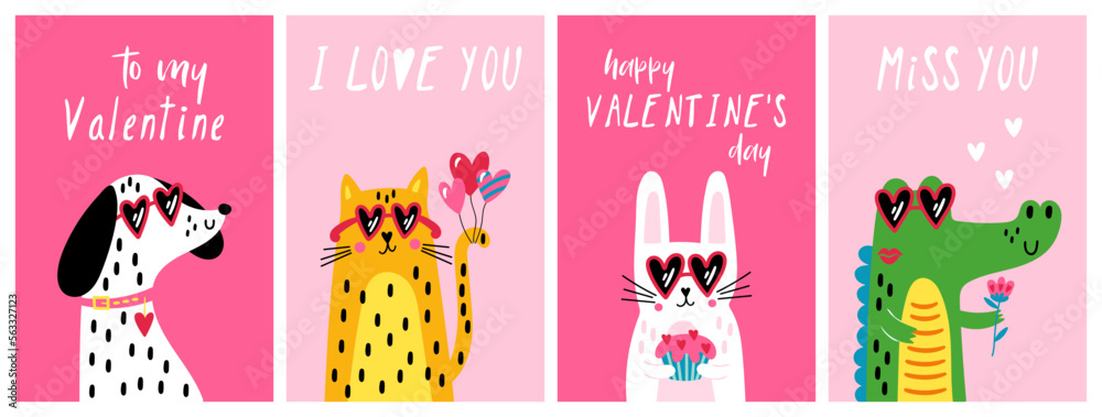 Valentine's day cute animals greeting card set with dog, cat, rabbit and crocodile. Childish print for cards, invitations and decoration Valentine's day cute animals greeting card set with dog, cat, rabbit and crocodile. Childish print for cards, invitations and decoration