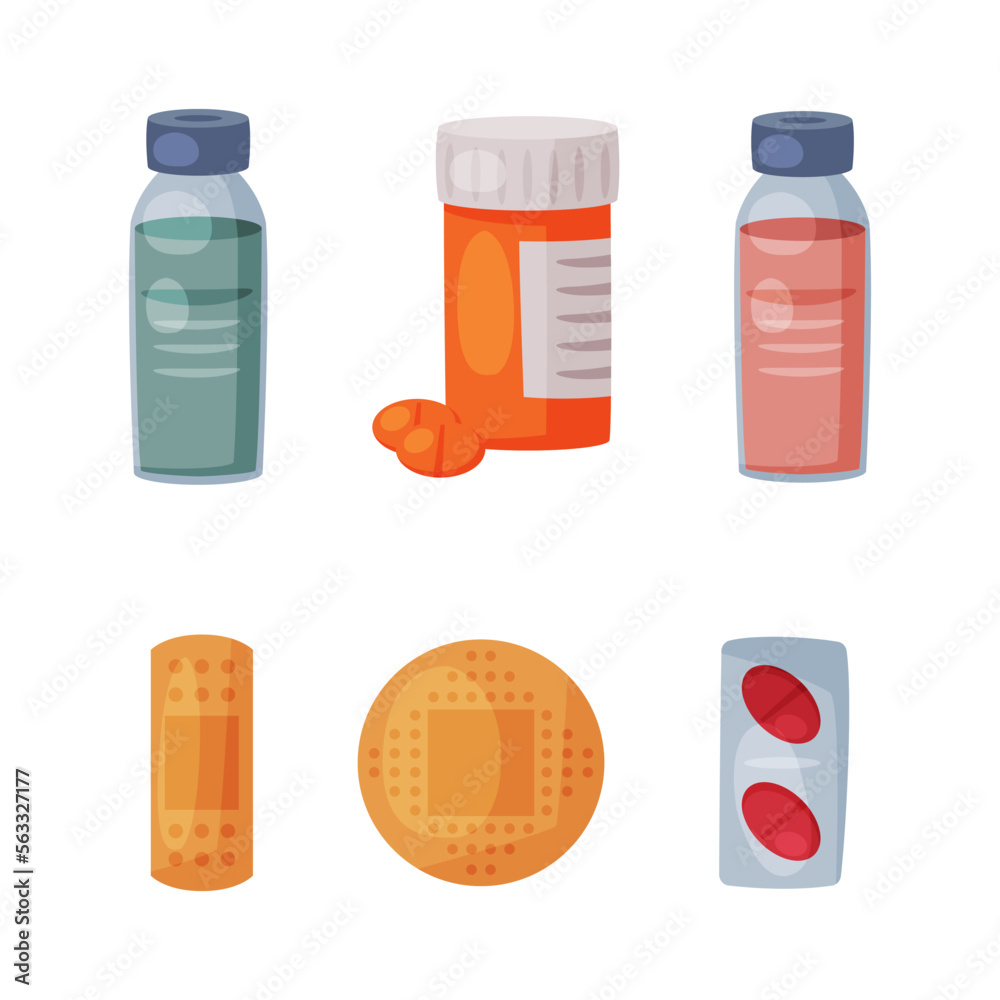Medical Care and Treatment with Vial Bottle, Pills and Adhesive Plaster Vector Set Medical Care and Treatment with Vial Bottle, Pills and Adhesive Plaster Vector Set