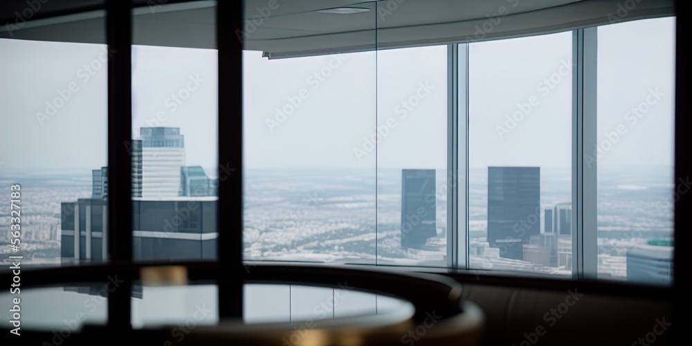 Fototapeta premium Executive corner office in a high rise, showing view of the city below.