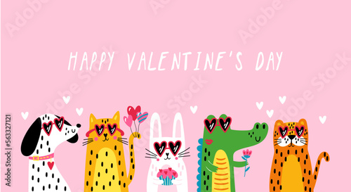 Valentine's day cute animals set with dog, cat, rabbit, crocodile and  tiger. Childish print for cards, stickers, apparel and decoration