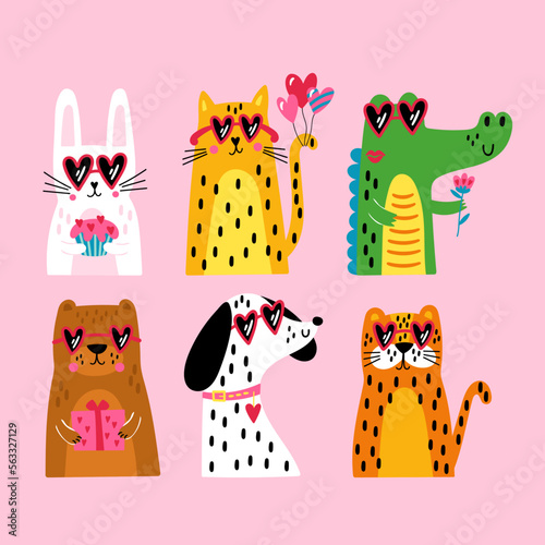 Valentine's day cute animals set with dog, cat, rabbit, crocodile, bear and  tiger. Childish print for cards, stickers, apparel and decoration