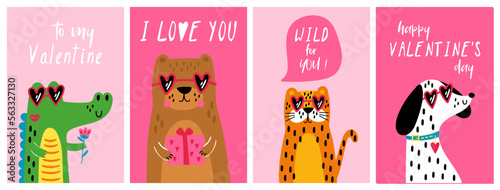 Valentine's day cute animals greeting card set with dog, tiger, bear and crocodile. Childish print for cards, invitations and decoration