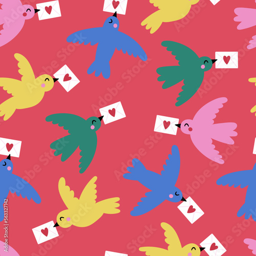 Seamless pattern design for Valentine's day with cute birds and love envelope. Childish print for wrapping paper, party invitation and background